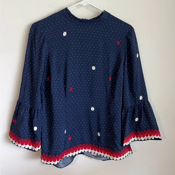 Boden navy polka dot high neck flounce sleeve blouse size 4 - Picture 1 of 8